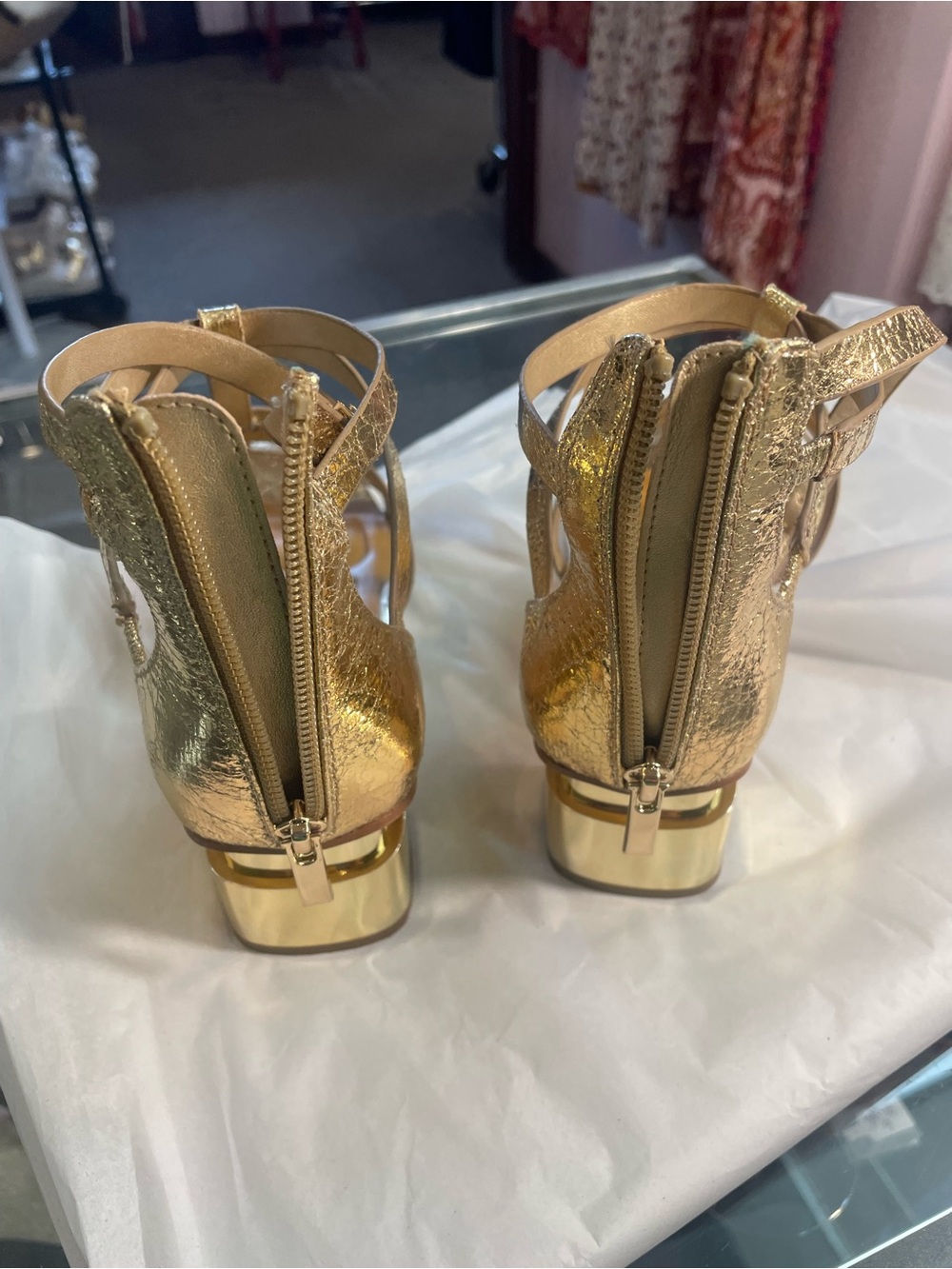 Franco Sarto Gold Metallic Strappy Block Heel Sandals - Picture 9 of 9